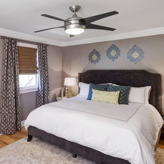 Ceiling fan installation Airdrie in master bedroom by First Aid Electric.
