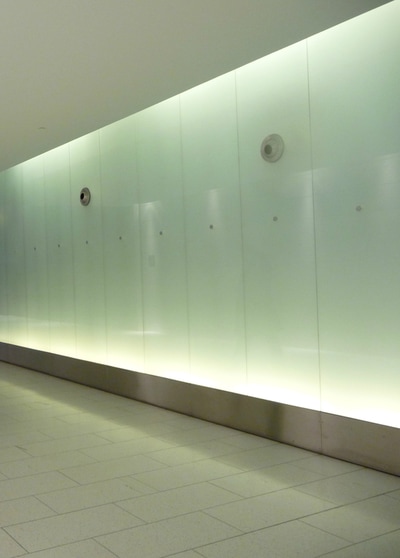 Commercial light design, LED back lit glass panel light installation by First Aid Electric Calgary.