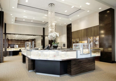 Commercial retail jewelry store recessed lights, Gimbel lights, showcase lights, display lights installation and LED conversion by First Aid Electric Calgary.